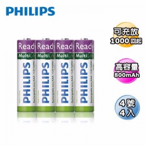 PHILIPS 飛利浦 AAA 4號 800mAh 低自放鎳氫充電電池(4入)